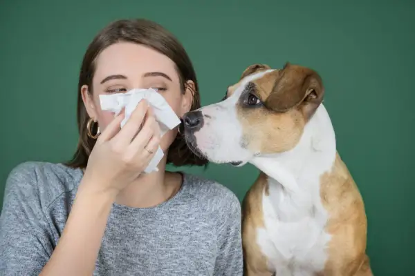 Una mujer se suena la nariz con un pañuelo mientras un perro se acerca. ¡Quizás sea uno de esos perros que no dan alergia!