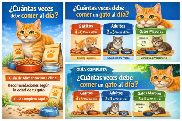 Guía de alimentación felina: ¿cuántas veces al día come un gato? Se detalla la frecuencia para gatitos, adultos y gatos mayores, con recomendaciones visuales.