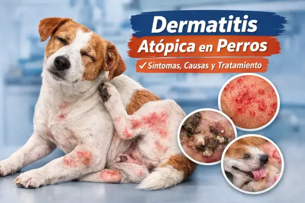 Perro con dermatitis atópica, sufriendo de picores intensos y enrojecimiento en la piel. Se muestran detalles de la afección.